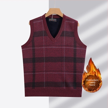 Pletena vest s V-izrezom, podstavljena flisom, debeli zimski dizajn, 100% poliester