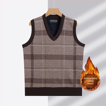 Pletena vest s V-izrezom, podstavljena flisom, debeli zimski dizajn, 100% poliester