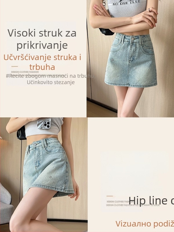 Džins suknja A-linije sa kristalima, podstava, pamuk-poliester smjesa, elastičan materijal