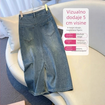 Retro denim midi suknja za žene, visokog struka, srednje dužine, ljeto 2026, kroj A-linije
