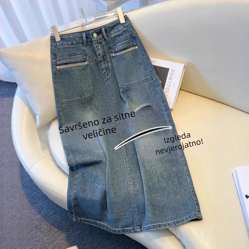 Retro denim midi suknja za žene, visokog struka, srednje dužine, ljeto 2026, kroj A-linije