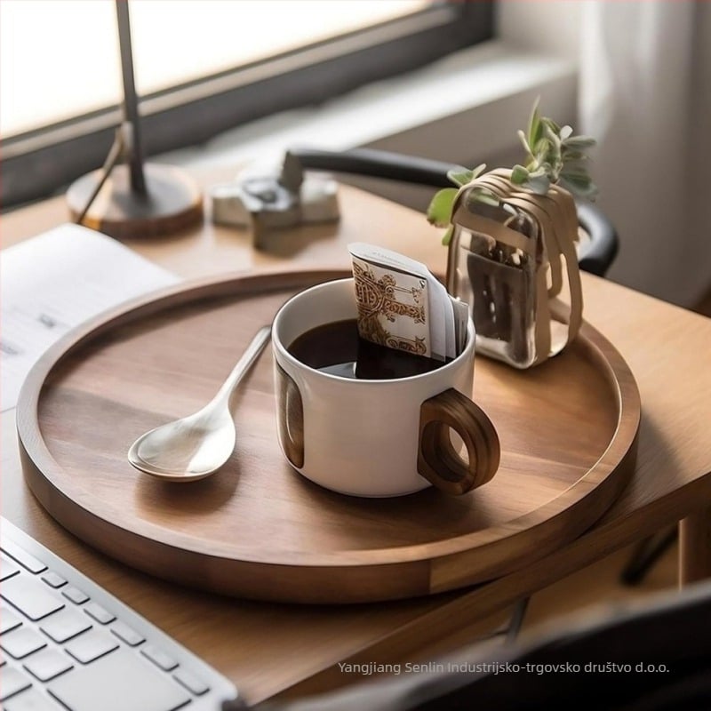 Drveni okrugli pladanj, moderan minimalistički stil, jednobojni uzorak, pogodan za čaj i grickalice.