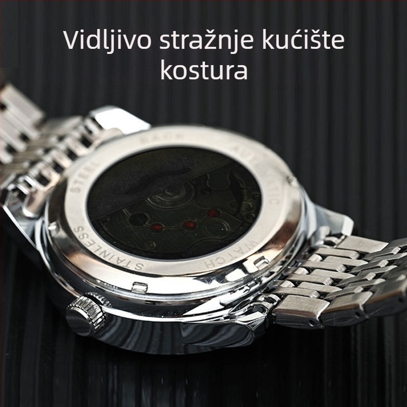 Muški kvarcni sat s skeletiranim brojčanikom i prozirnim stražnjim poklopcem, vodootpornost 30 m, kalendar, svjetleći indikatori, kućište i narukvica od nehrđajućeg čelika