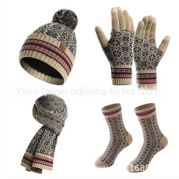 Ženski četverodjelni set: kapa, šal, rukavice i čarape, akrilno vlakno, Jacquard pletenje, zimi