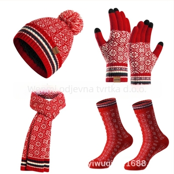 Ženski četverodjelni set: kapa, šal, rukavice i čarape, akrilno vlakno, Jacquard pletenje, zimi