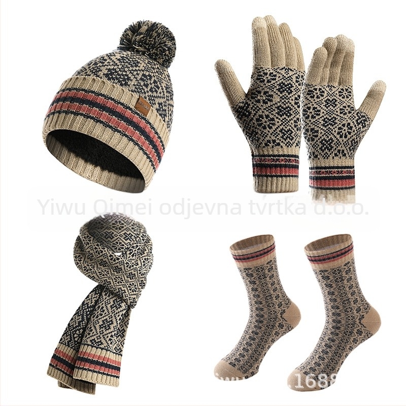 Ženski četverodjelni set: kapa, šal, rukavice i čarape, akrilno vlakno, Jacquard pletenje, zimi