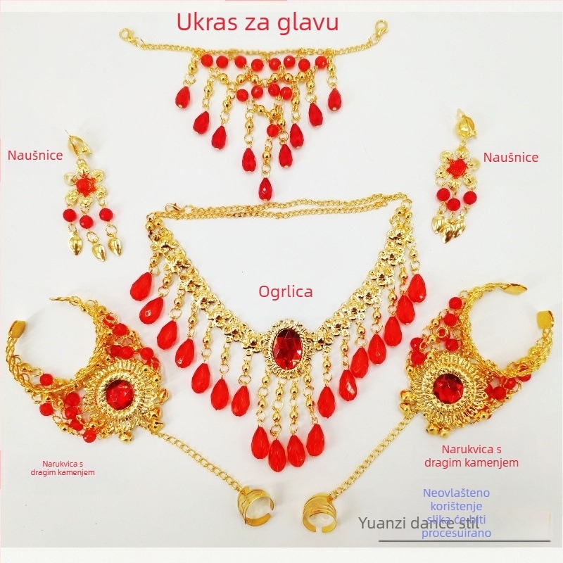 Set dodataka za indijski ples s etničkim stilom za nastup belly dance – narukvica, ogrlica, naušnice, dijadem i set noktiju