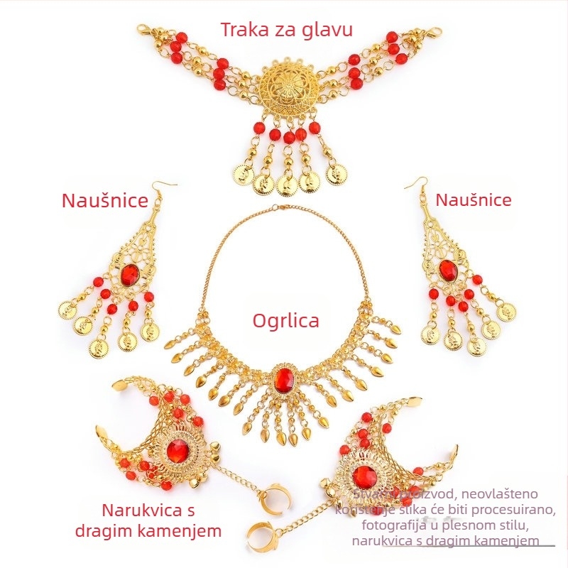 Set dodataka za indijski ples s etničkim stilom za nastup belly dance – narukvica, ogrlica, naušnice, dijadem i set noktiju
