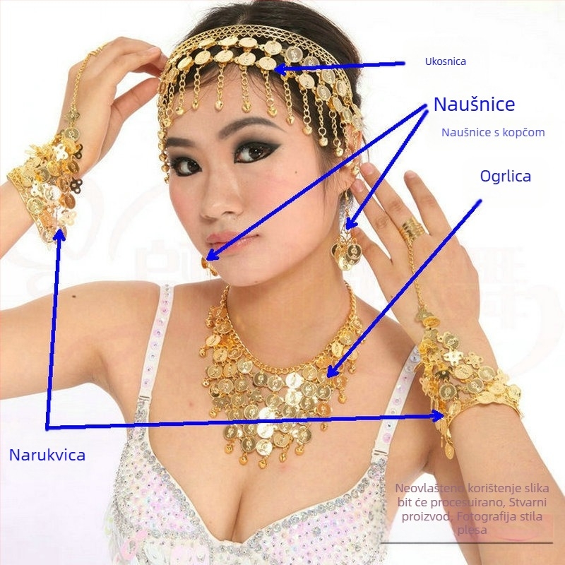 Set dodataka za indijski ples s etničkim stilom za nastup belly dance – narukvica, ogrlica, naušnice, dijadem i set noktiju