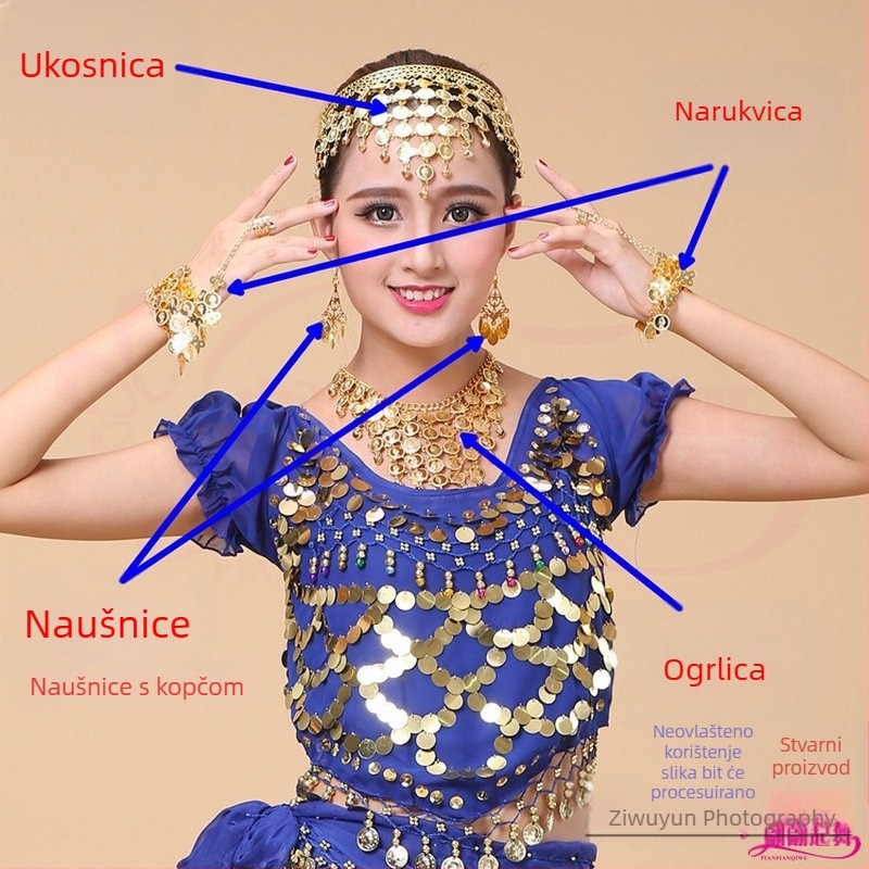 Set dodataka za indijski ples s etničkim stilom za nastup belly dance – narukvica, ogrlica, naušnice, dijadem i set noktiju