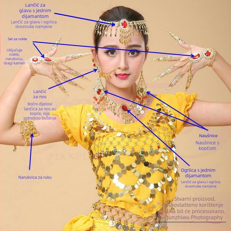Set dodataka za indijski ples s etničkim stilom za nastup belly dance – narukvica, ogrlica, naušnice, dijadem i set noktiju