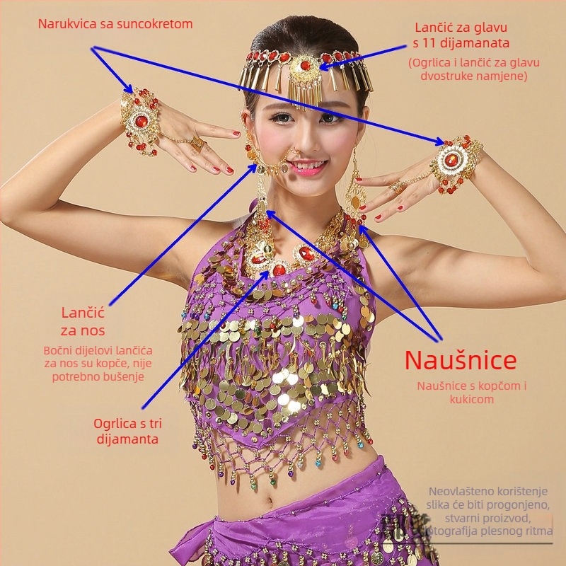 Set dodataka za indijski ples s etničkim stilom za nastup belly dance – narukvica, ogrlica, naušnice, dijadem i set noktiju