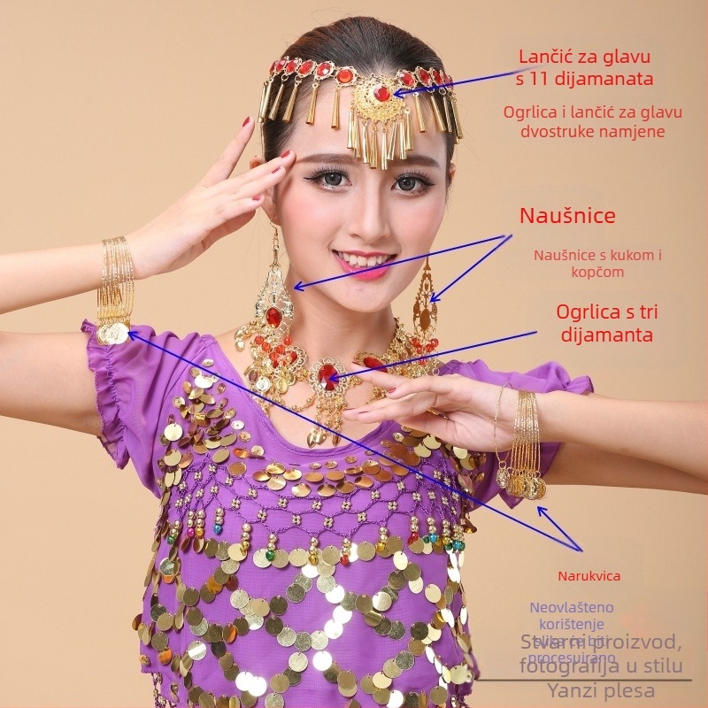 Set dodataka za indijski ples s etničkim stilom za nastup belly dance – narukvica, ogrlica, naušnice, dijadem i set noktiju