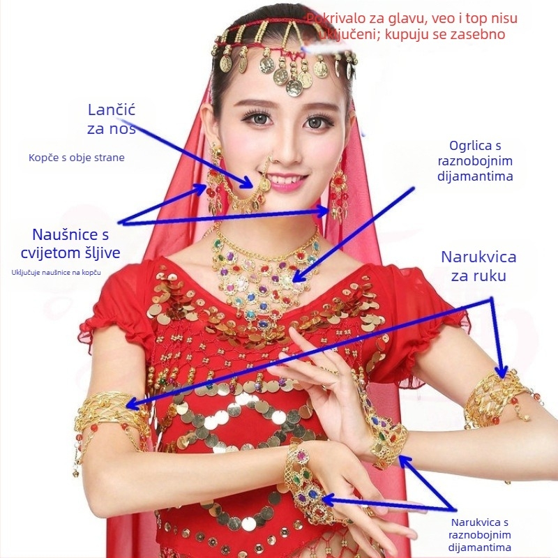 Set dodataka za indijski ples s etničkim stilom za nastup belly dance – narukvica, ogrlica, naušnice, dijadem i set noktiju