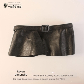 PU kožni pojas za suknju s volanom na rubu i dekorom na donjem rubu; izuzetno široki dizajn, glatka kopča, širina iznad 4 cm, kopča od istog materijala.