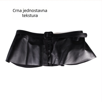 PU kožni pojas za suknju s volanom na rubu i dekorom na donjem rubu; izuzetno široki dizajn, glatka kopča, širina iznad 4 cm, kopča od istog materijala.