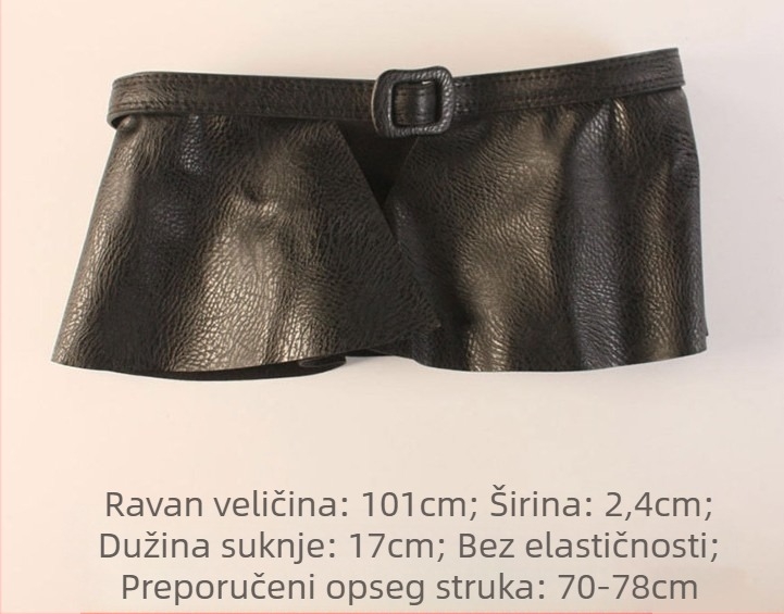 PU kožni pojas za suknju s volanom na rubu i dekorom na donjem rubu; izuzetno široki dizajn, glatka kopča, širina iznad 4 cm, kopča od istog materijala.