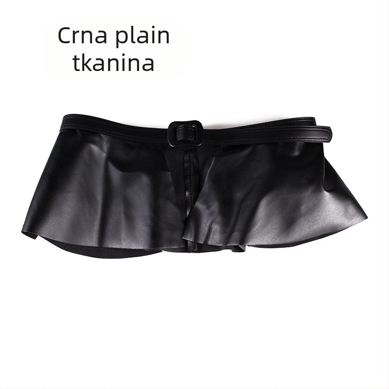 PU kožni pojas za suknju s volanom na rubu i dekorom na donjem rubu; izuzetno široki dizajn, glatka kopča, širina iznad 4 cm, kopča od istog materijala.