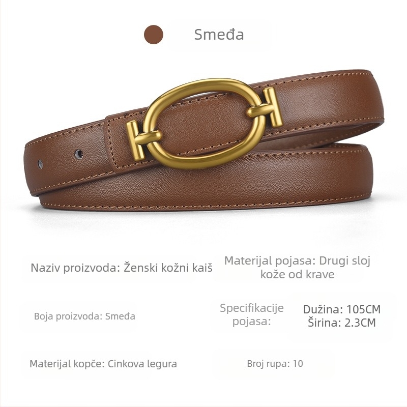 Ženski kaiš od prave kože s pločastom kopčom od legure, širina 2–4 cm, reljefna površina, retro minimalistički stil