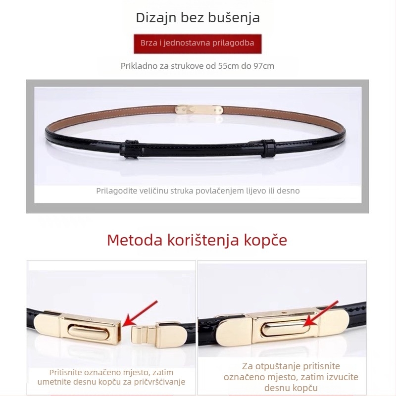 Ženski tanka kožna pojas za struk, svestran i jednostavan dizajn (Materijal: prava koža; Gornji sloj: prvi sloj teleće kože; Kopča: legura; Zatvaranje: kopča; Sezona: ljeto 2024)