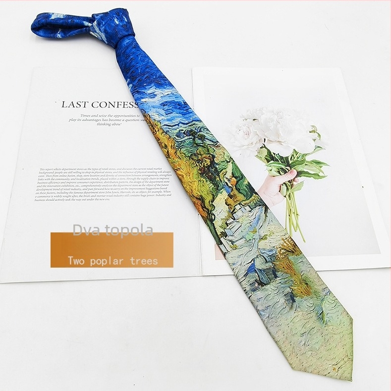Kravata od poliester-saten s otiskom uljane slike, unisex, moderan stil, 8×145 cm