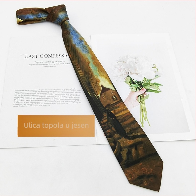 Kravata od poliester-saten s otiskom uljane slike, unisex, moderan stil, 8×145 cm
