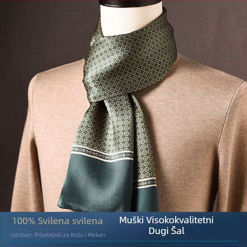 Muški šal od mulberry svile, dug, ravna tkanina, moderan gradski stil, proljeće 2025