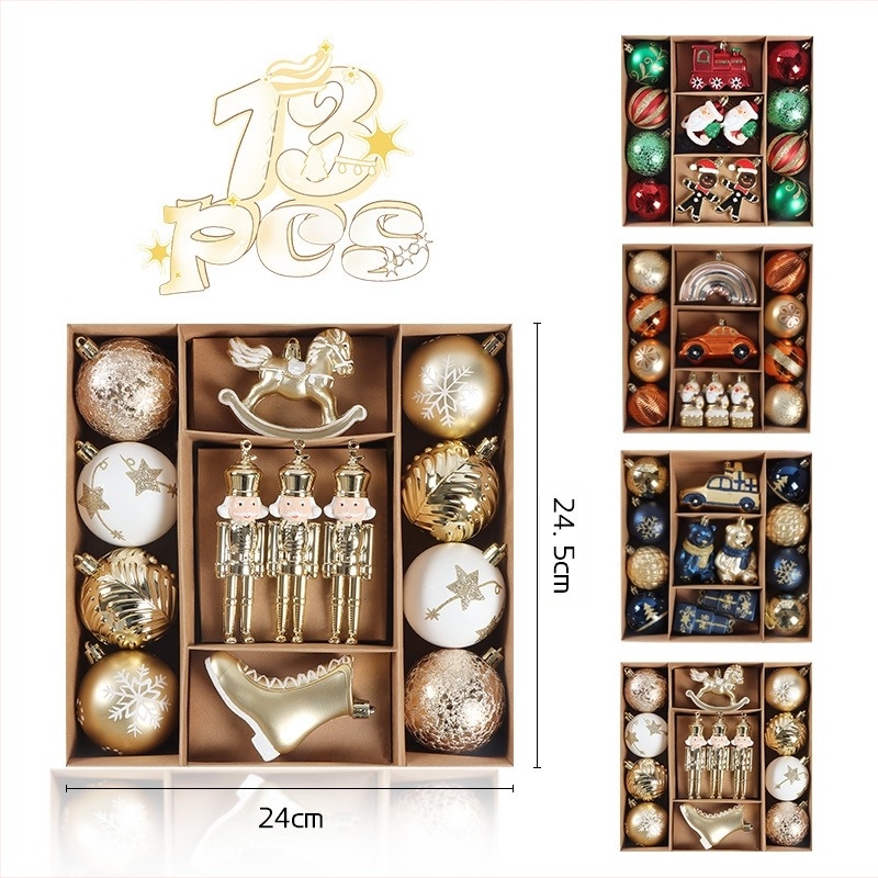 Set od 13 visićih božićnih ukrasa — Materijal: plastika; Završna obrada: elektroplatirana boja; Stil: crtani film, moderni minimalizam, lagani luksuz; Za ukrašavanje božićnog drvca