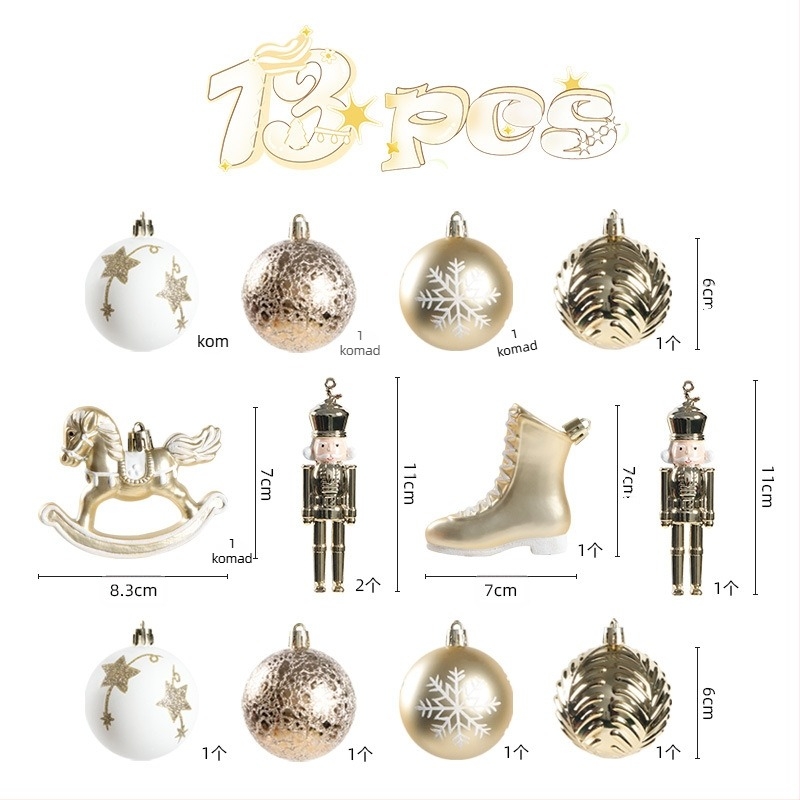 Set od 13 visićih božićnih ukrasa — Materijal: plastika; Završna obrada: elektroplatirana boja; Stil: crtani film, moderni minimalizam, lagani luksuz; Za ukrašavanje božićnog drvca