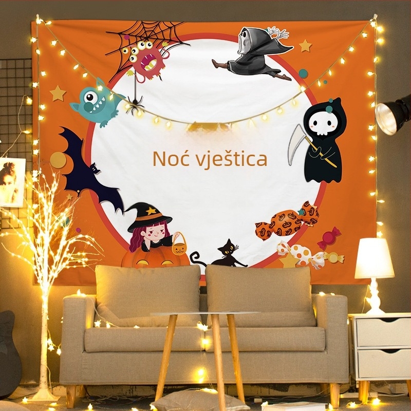 Zidni goblen s motivima Noć vještica i Božića, pravokutni oblik, plišasti materijal, moderni minimalistički stil, uzorak crtani/animirani