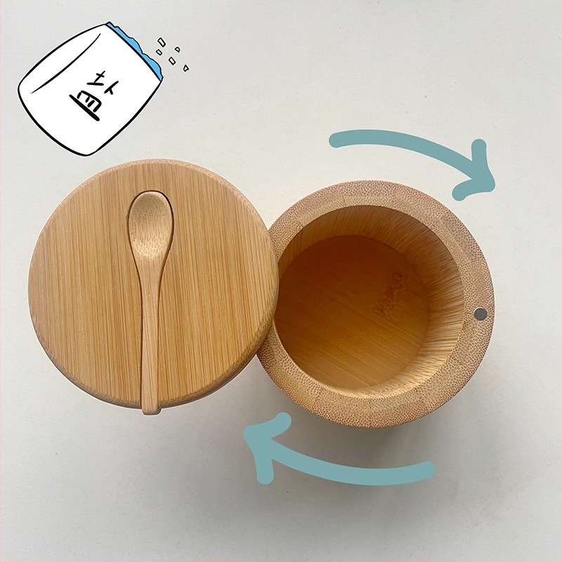 Bambus posuda za začine s kuhačom i posuda za sol, kuhinjski spremnik s rotirajućim magnetskim poklopcem, moguć ispis logotipa