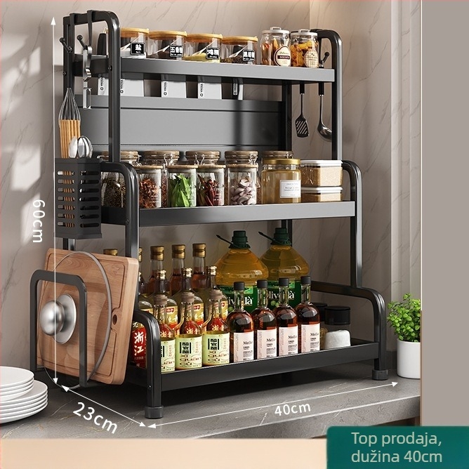 Stalak za začine s držačem za štapiće i nože, na ploči, od karbonske čelika, višeslojni, bez bušenja, moderni minimalistički stil