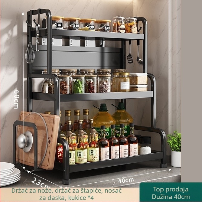 Stalak za začine s držačem za štapiće i nože, na ploči, od karbonske čelika, višeslojni, bez bušenja, moderni minimalistički stil