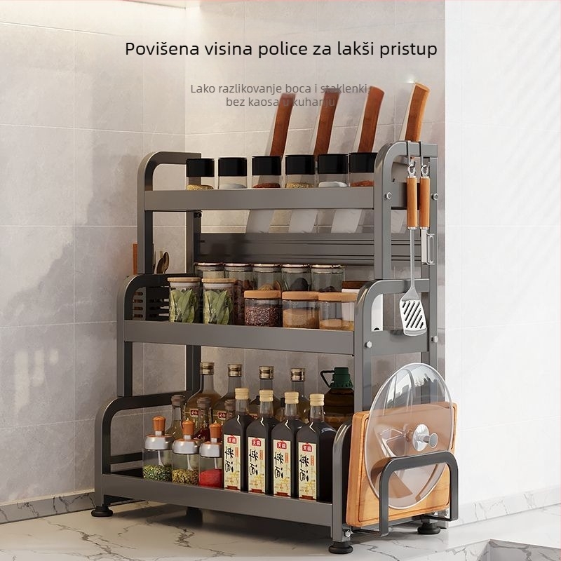 Stalak za začine s držačem za štapiće i nože, na ploči, od karbonske čelika, višeslojni, bez bušenja, moderni minimalistički stil
