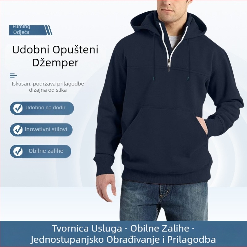 Muški hoodie s kapuljom, debeli materijal, zip, slim fit, poliester 71–80%