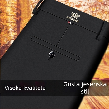 Muške poslovne hlače ravnog kroja s flis podstavom, elastične, visoki struk, zip, zimske, za muškarce srednje dobi