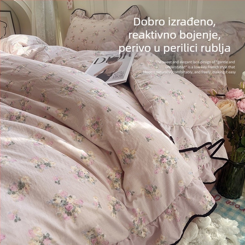 Posteljni set u francuskom stilu princeze od opranog pamuka, četiri dijela (navlaka za pokrivač, plahte i navlake za jastuke) za studentske sobe
