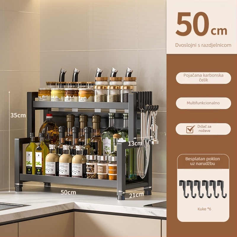 Stolni višeslojni stalak za začine od nehrđajućeg čelika s držačem nože i pribora, prostor za ulje, sol, umak i ocat