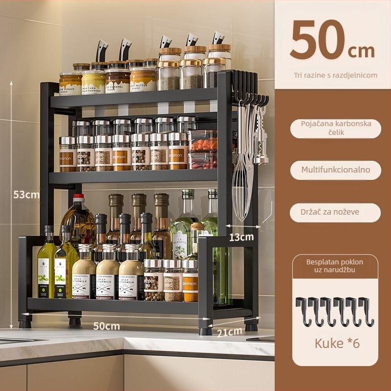 Stolni višeslojni stalak za začine od nehrđajućeg čelika s držačem nože i pribora, prostor za ulje, sol, umak i ocat