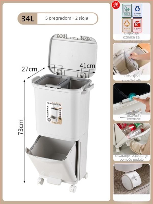 Kuhinjski koš za otpad s poklopcem, otvaranje pritiskom, PP materijal, kapacitet >12 L, cilindričnog oblika, kućna upotreba