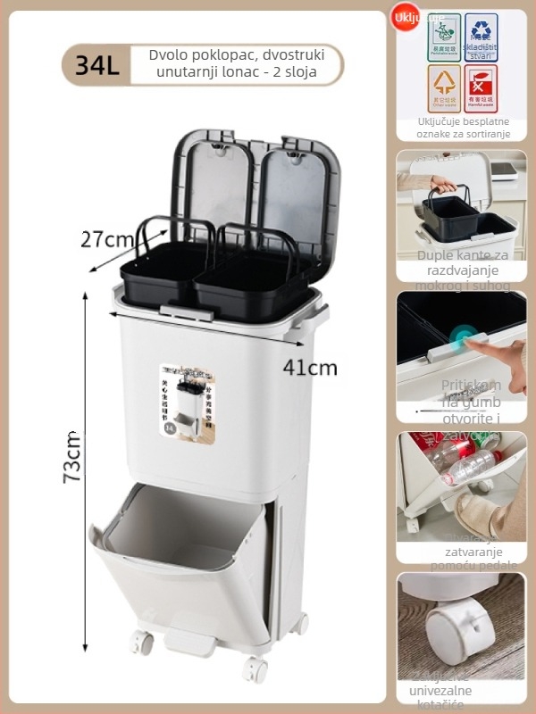 Kuhinjski koš za otpad s poklopcem, otvaranje pritiskom, PP materijal, kapacitet >12 L, cilindričnog oblika, kućna upotreba