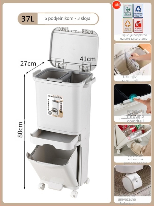 Kuhinjski koš za otpad s poklopcem, otvaranje pritiskom, PP materijal, kapacitet >12 L, cilindričnog oblika, kućna upotreba