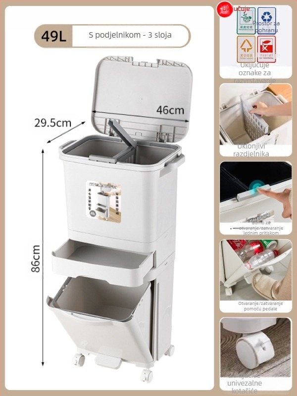 Kuhinjski koš za otpad s poklopcem, otvaranje pritiskom, PP materijal, kapacitet >12 L, cilindričnog oblika, kućna upotreba