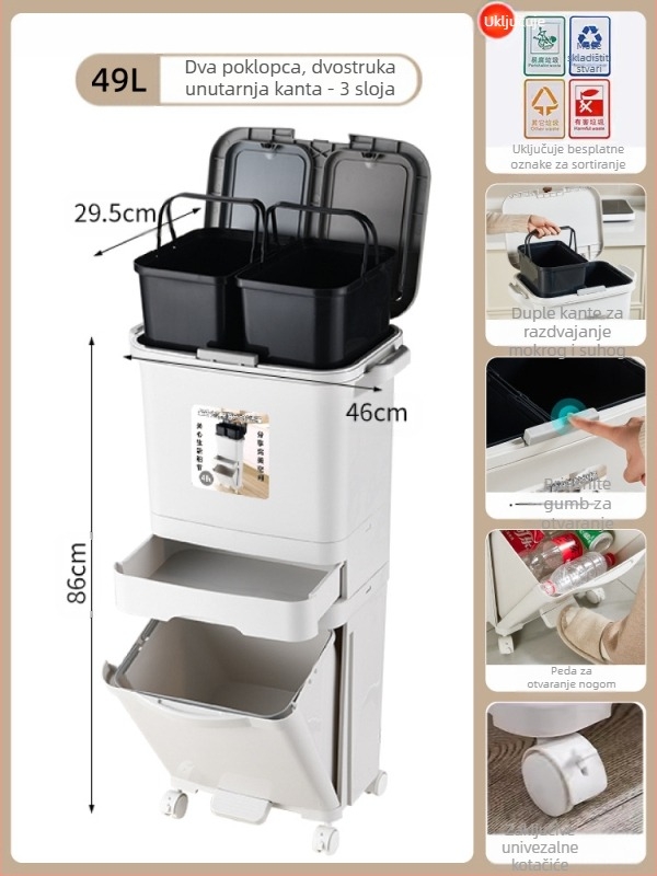 Kuhinjski koš za otpad s poklopcem, otvaranje pritiskom, PP materijal, kapacitet >12 L, cilindričnog oblika, kućna upotreba