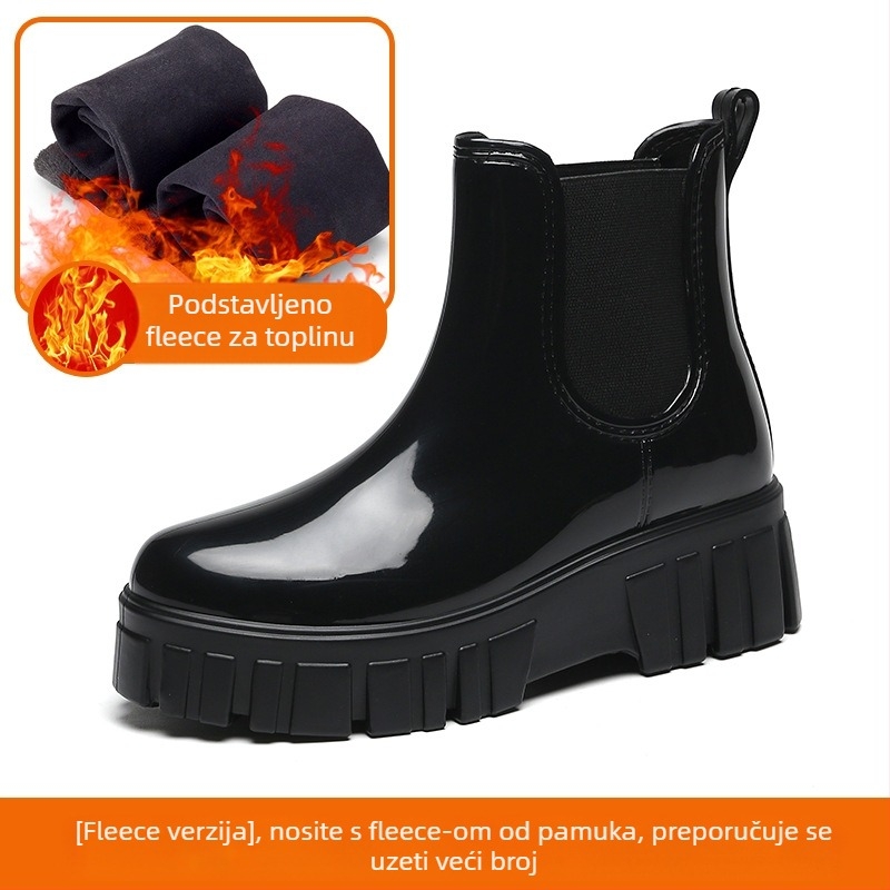 Ženske čizme za kišu, srednje visoke do srednjeg lista, debela potplat, PVC gornji dio, srednji potpetice 3–5 cm, jednobojne, pogodne za proljeće, jesen i zimu