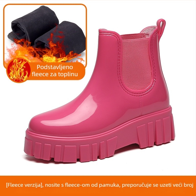 Ženske čizme za kišu, srednje visoke do srednjeg lista, debela potplat, PVC gornji dio, srednji potpetice 3–5 cm, jednobojne, pogodne za proljeće, jesen i zimu