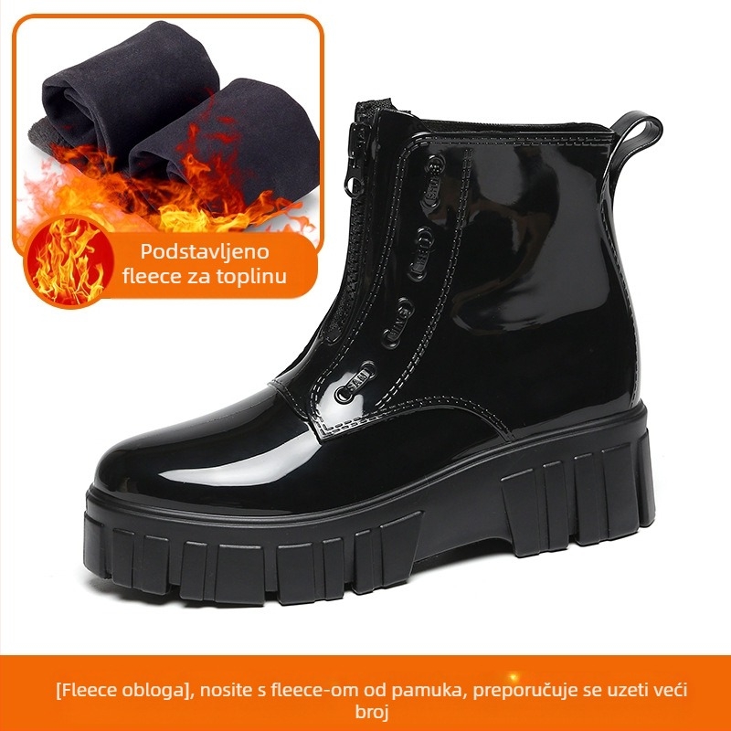 Ženske čizme za kišu, srednje visoke do srednjeg lista, debela potplat, PVC gornji dio, srednji potpetice 3–5 cm, jednobojne, pogodne za proljeće, jesen i zimu