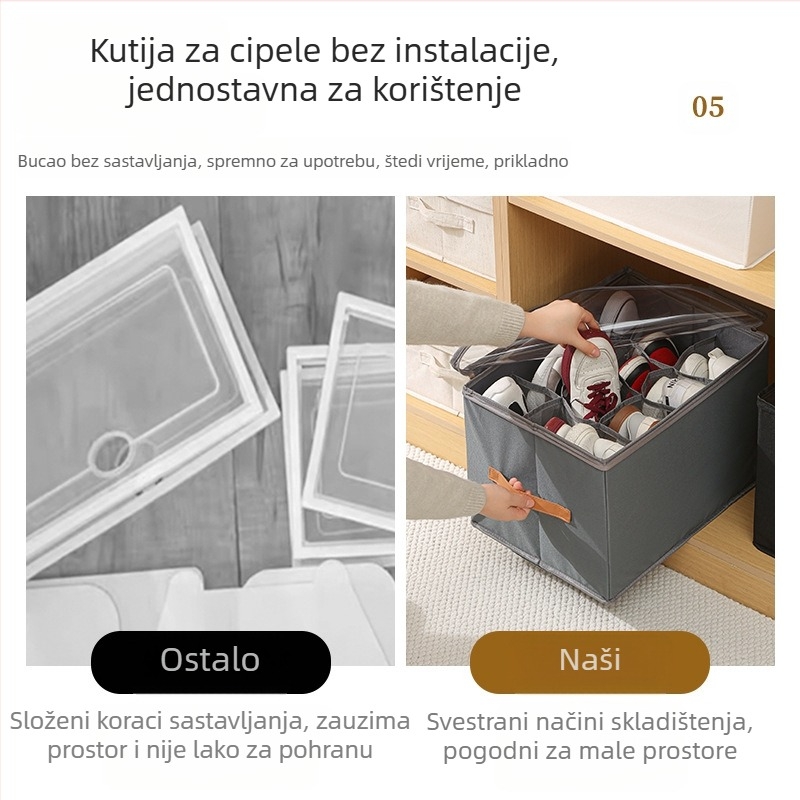 Kutija za cipele s poklopcem, Oxford tkanina + PP ploča, sklopiva s podjelama, kapacitet 18L
