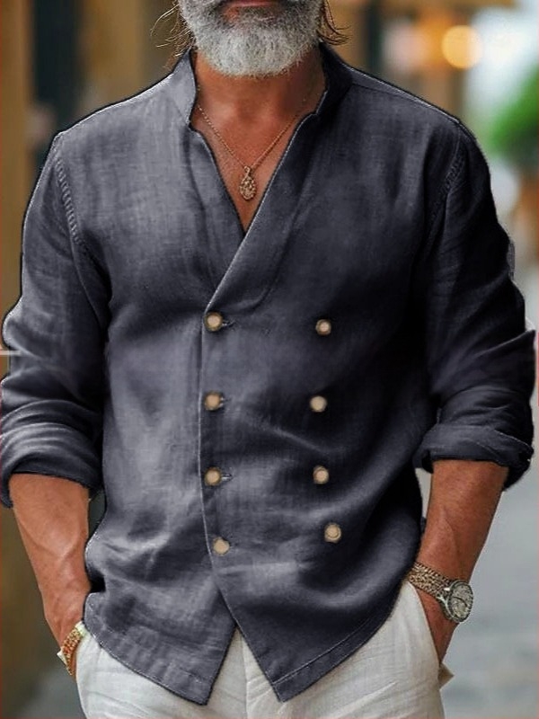 Muška košulja od pamukasto-lanene smjese sa stojećim ovratnikom, dugi rukav, jednofarbna, opuštena kroj, za proljeće i jesen