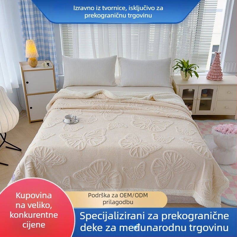 Dvostruka deka s motivom leptira i cvijeća, jacquard koral fleece, za sve sezone, moderni minimalistički stil